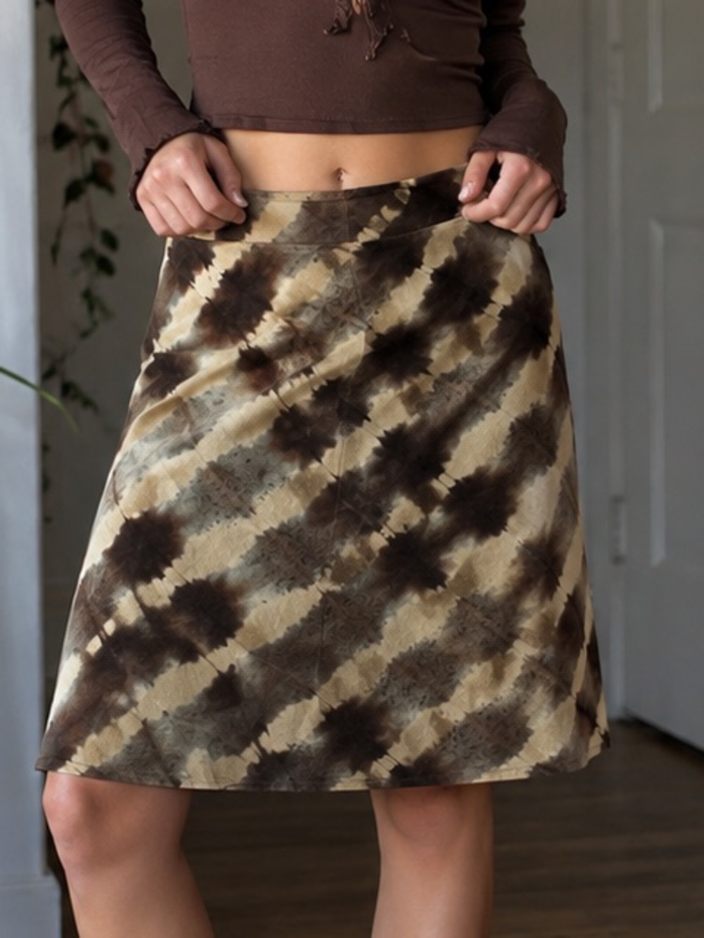 For Joseph Suede 100% Leather Tie Dye Skirt Size 29 Y2K Boho Brown